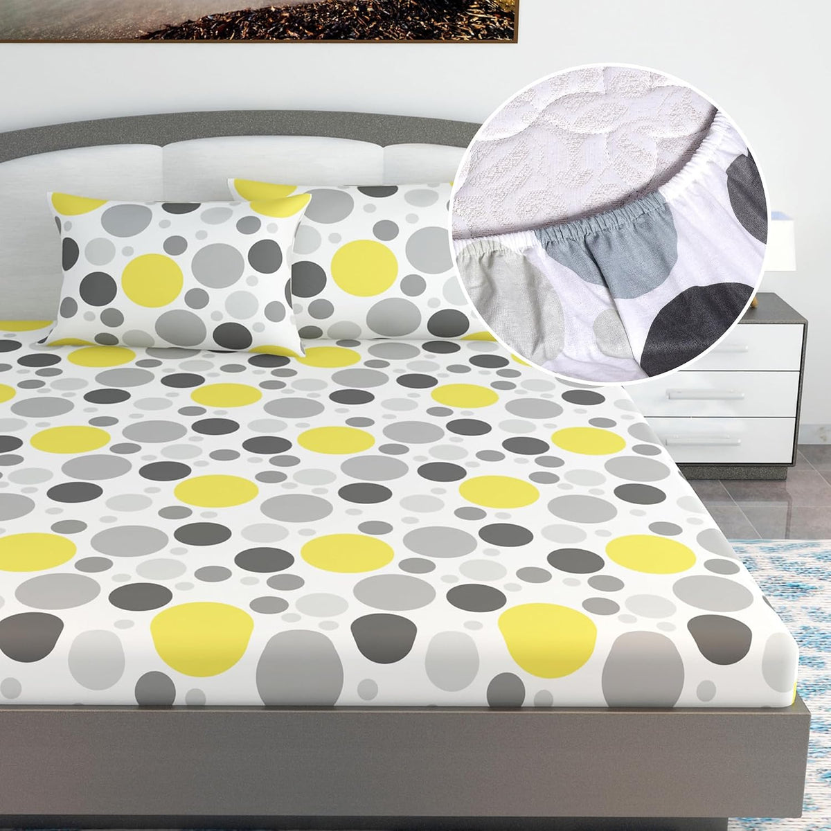 Printed King Size Double Bedsheet With 2 Pillow Cover For Bedroom | 72 X 78 + 9 Inches, Grey & White - All Around Elastic Fitted | Ideal For Everyday Use