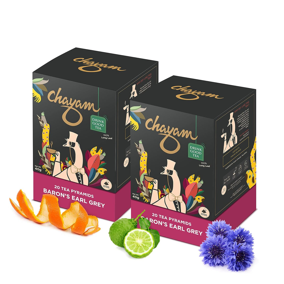 Chayam Baron's Earl Grey Tea - Pack Of 2 X 20 Pyramid Tea Bags | Citrusy Orange Peel & Blue Corn Flower - Make Hot Or Iced Tea | Low Caffeine, Antioxidant Rich