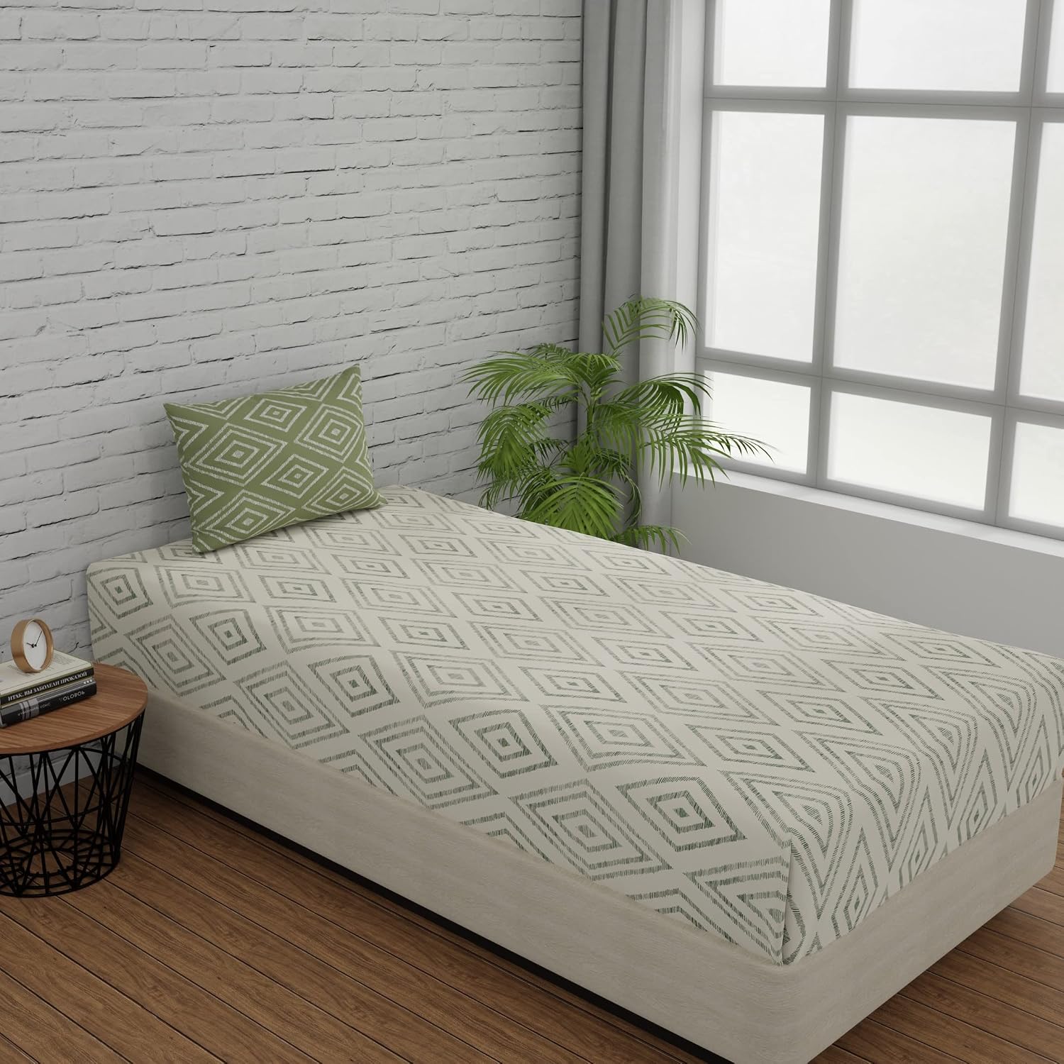 144 TC Single Bedsheet Elastic Fitted Pure Cotton With 1 Pillow Cover - 36 X 78 Inches, White & Sage Green | Breathable & Wrinkle Free Bedsheet