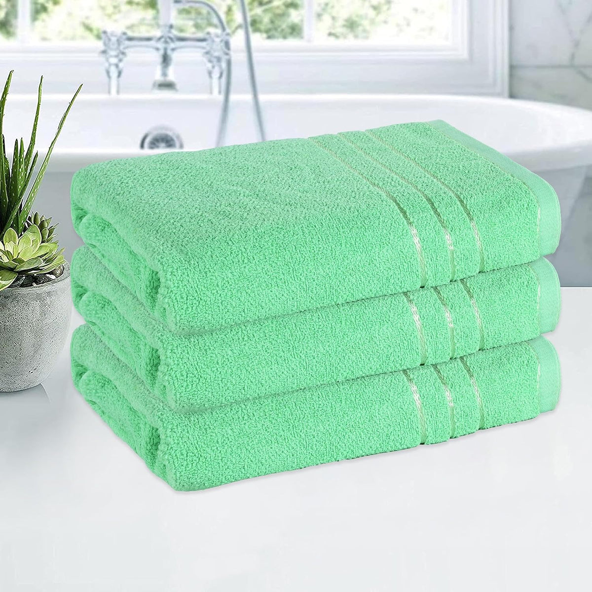Kuber Industries Bath Towel 1350 Gsm | Towel For Bath, Gym, Travel & Beach | Plain Lining (Green)- Pack Of 3