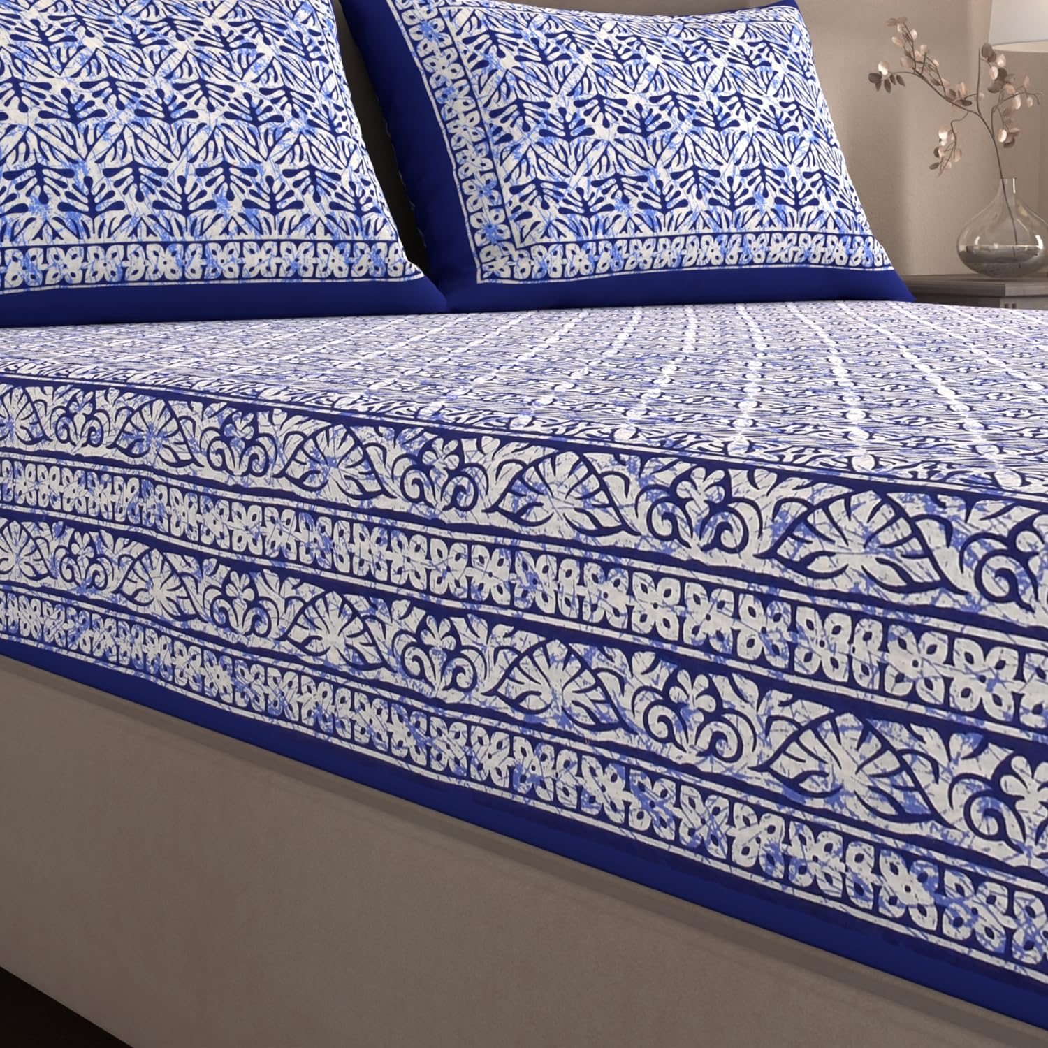 Handloom Printed Double Bedsheet For Queen Size With 2 Matching Pillow Cover | Size 90 X 100 Inches, Blue & White - Cotton Bedsheets For Double Bed | Soft & Smooth