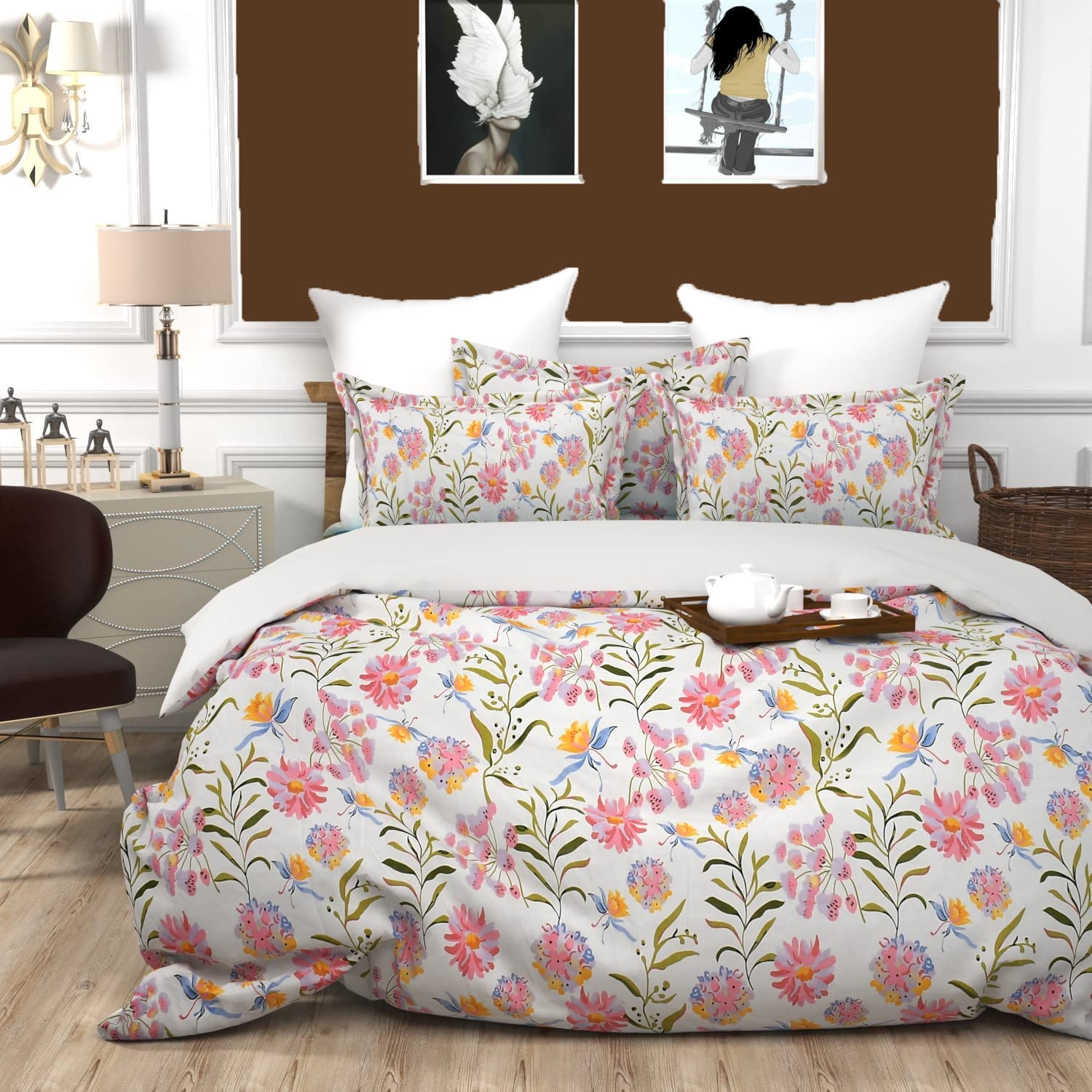 Cotton Bedsheet Super King Size Floral Print Bedsheet With 2 Pillow Covers - 108 X 108 Inch, White | 180 Thread Count Pure Cotton Bedsheets King Size