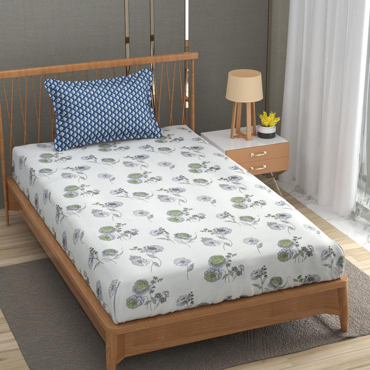Soft Cotton Single Size Bedsheet With 1 Pillow Cover | 60 X 90 Inches, White & Blue | Anti-Fade Printed Design | 200 Thread Count