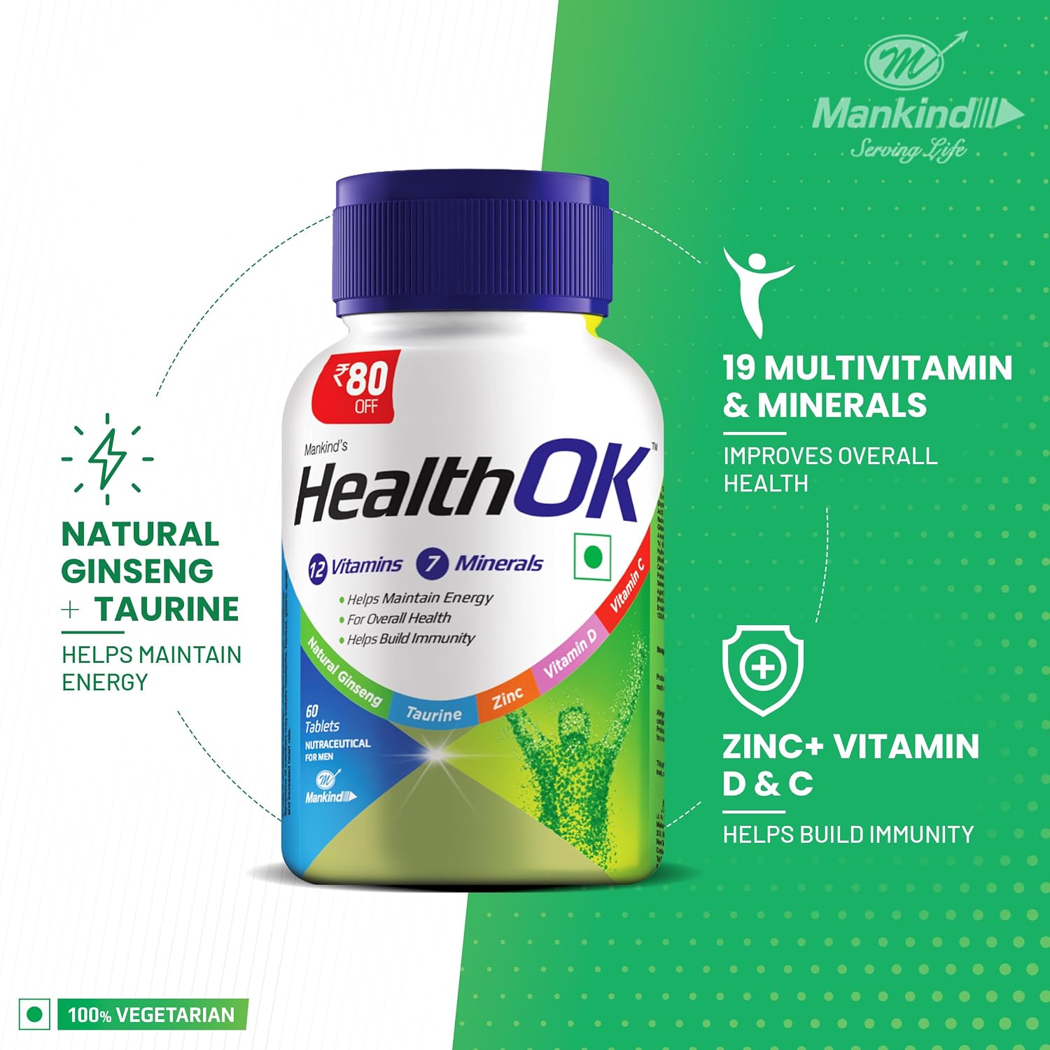 Mankind's Health Ok Multivitamin With Natural Ginseng & Taurine Power Lemon Flavour , 100% Vegetarian | 60 Tablets 100gm 0.2lbs