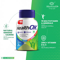 Mankind's Health Ok Multivitamin With Natural Ginseng & Taurine Power Lemon Flavour , 100% Vegetarian | 60 Tablets 100gm 0.2lbs