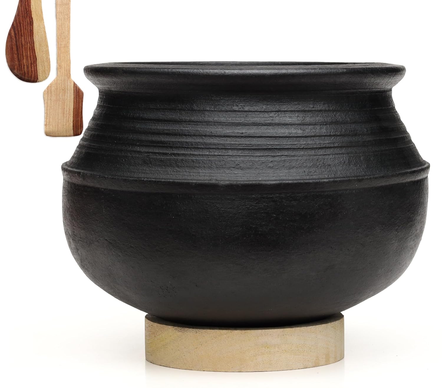 Deep Burned Uncoated Clay Rice Pot Or Mitti Handi With 2 Wooden Spatulas Complimentary For Cooking & Serving - Black, 2 Liters | Pre-Seasoned Mud Pot - Unglazed, Double Fired, Hand Crafted