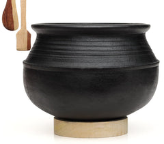 Deep Burned Uncoated Clay Rice Pot Or Mitti Handi With 2 Wooden Spatulas Complimentary For Cooking & Serving - Black, 3 Liters | Pre-Seasoned Mud Pot - Unglazed, Double Fired, Hand Crafted