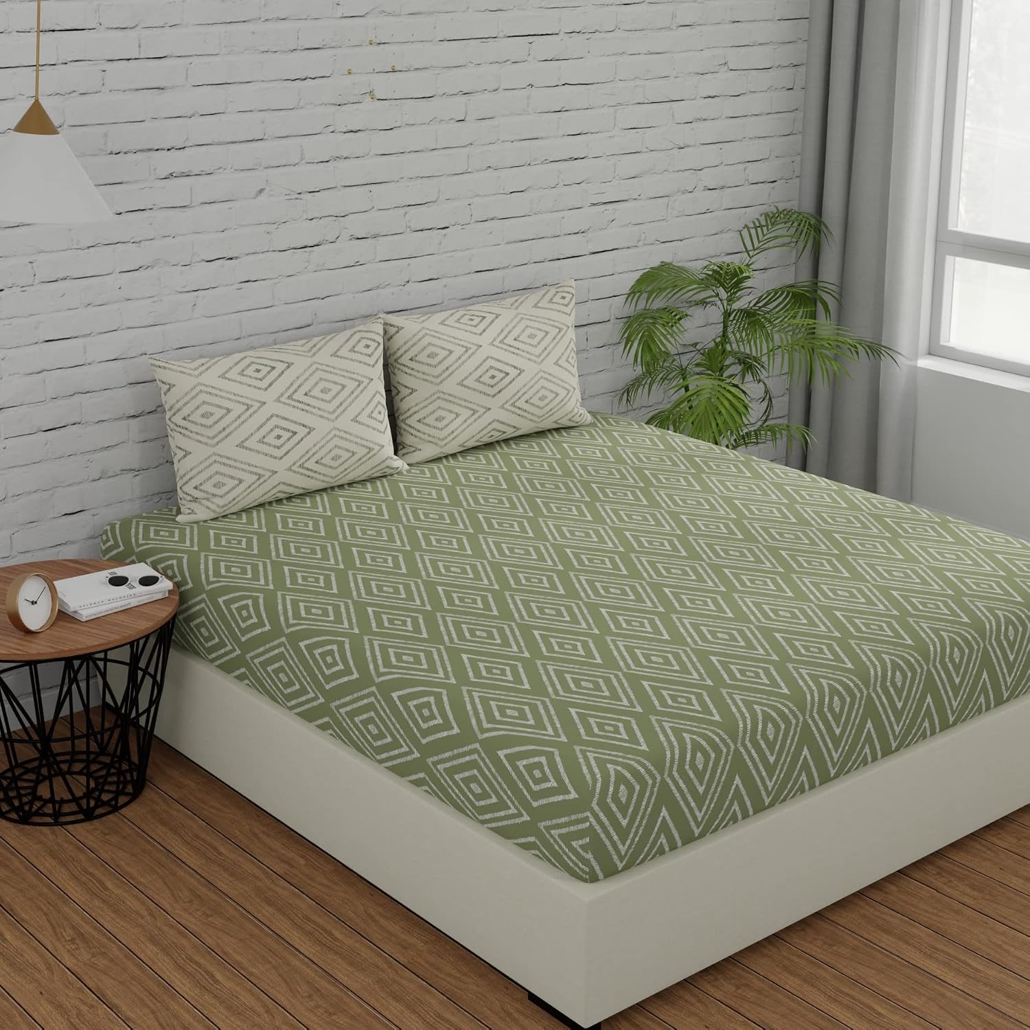 Super King Size Bedsheets 108 X 108 Inches With 2 Pillow Covers, Sage Green & White | Lightweight & Breathable Cotton Bedsheet