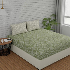 Super King Size Bedsheets 108 X 108 Inches With 2 Pillow Covers, Sage Green & White | Lightweight & Breathable Cotton Bedsheet