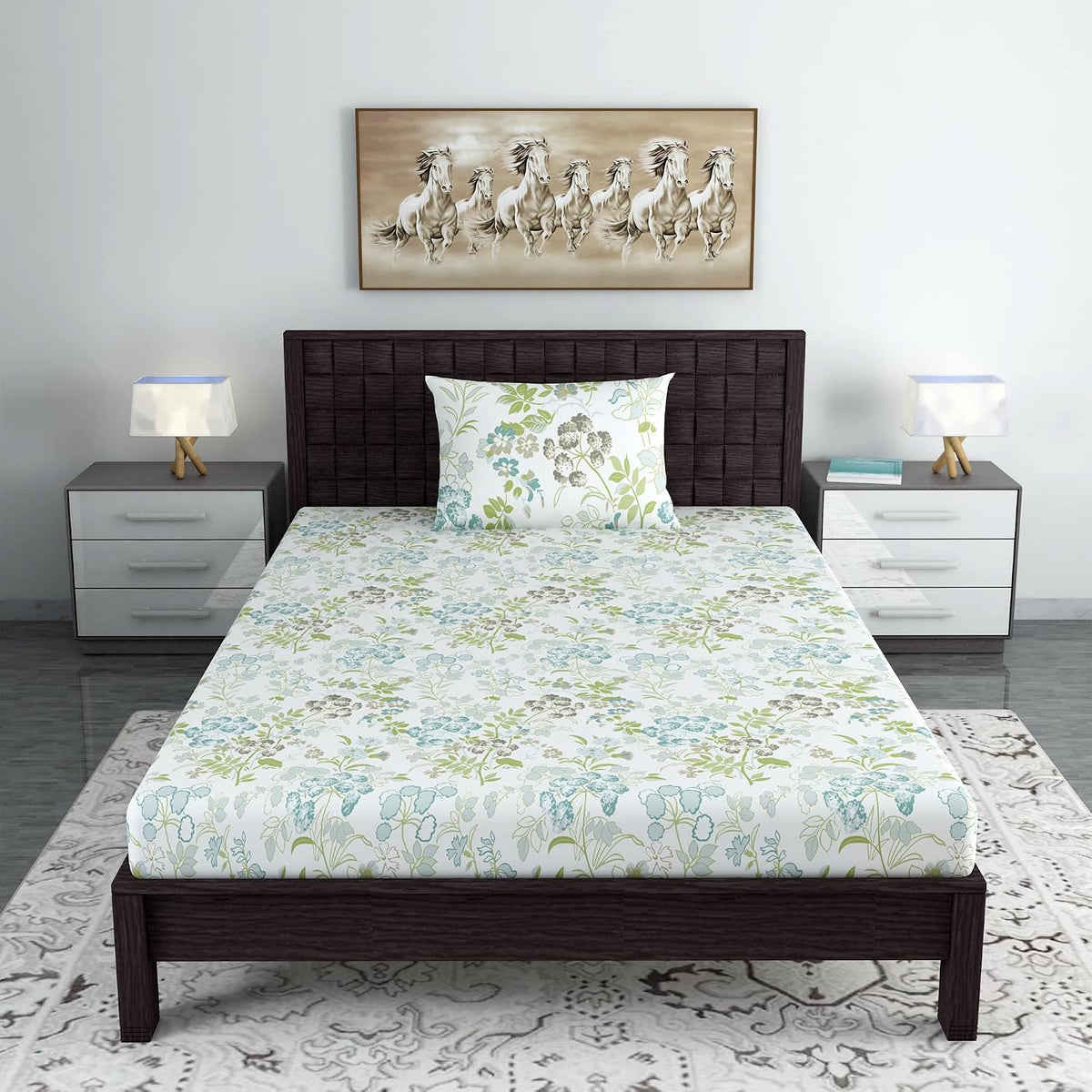 Single Bedsheet With 1 Pillow Cover - 57 X 87 Inches, White & Green | Designer Printed Bedsheet Set - Naturally Soft, Breathable & Skin Friendly
