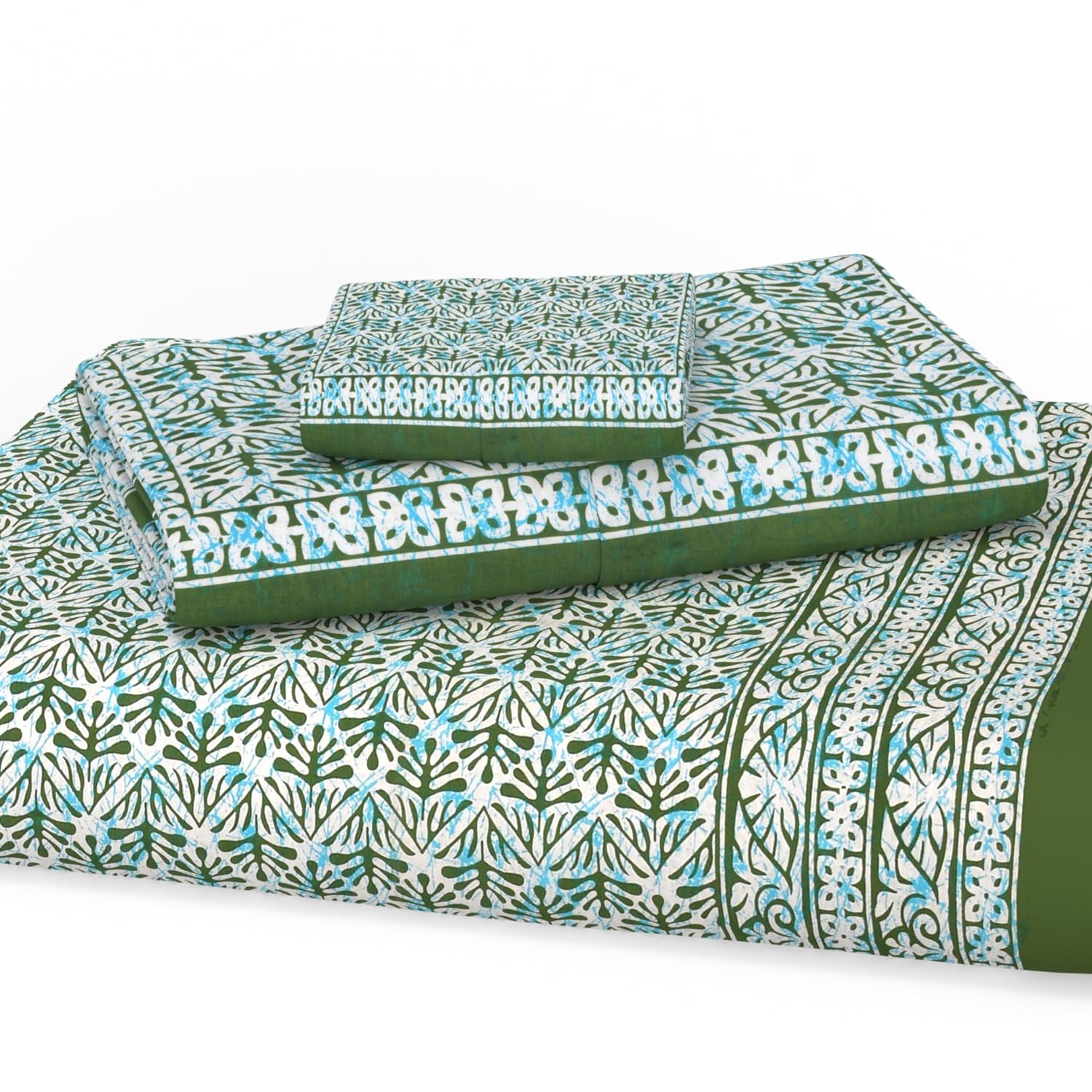 Handloom Printed Double Bedsheet For Queen Size With 2 Matching Pillow Cover | Size 90 X 100 Inches, Green - Cotton Bedsheets For Double Bed | Soft & Smooth