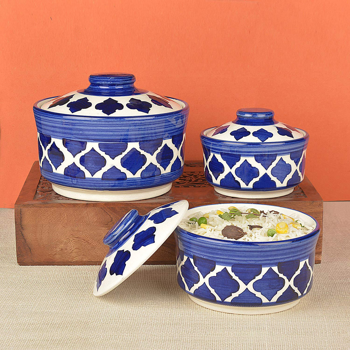 Studio Pottery Hand Painted Ceramic Serving Donga With Lid Casserole Set Of 3 - 900ml, 500ml & 300ml, Blue | Dinner Serving Set - Stackable Kitchen Bowl Set