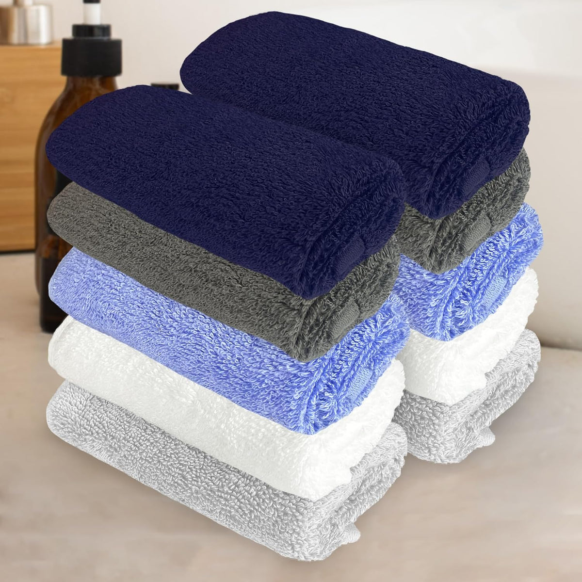 Heelium Bamboo Face Towel 1200 Gsm | Ultra Absorbent & Odour-Free 3x Softer Than Cotton Towels | Pack Of 10 -Blue, Grey, Iris, White & Light Grey