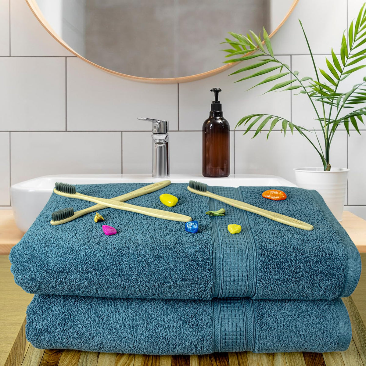 Rangoli 100% Cotton Fibre Bath Towel 1000 Gsm | Highly Durable & Super Absorbent Towel | Skin-Friendly & Quick Drying Luxury Towels (Blue) - Pack Of 2