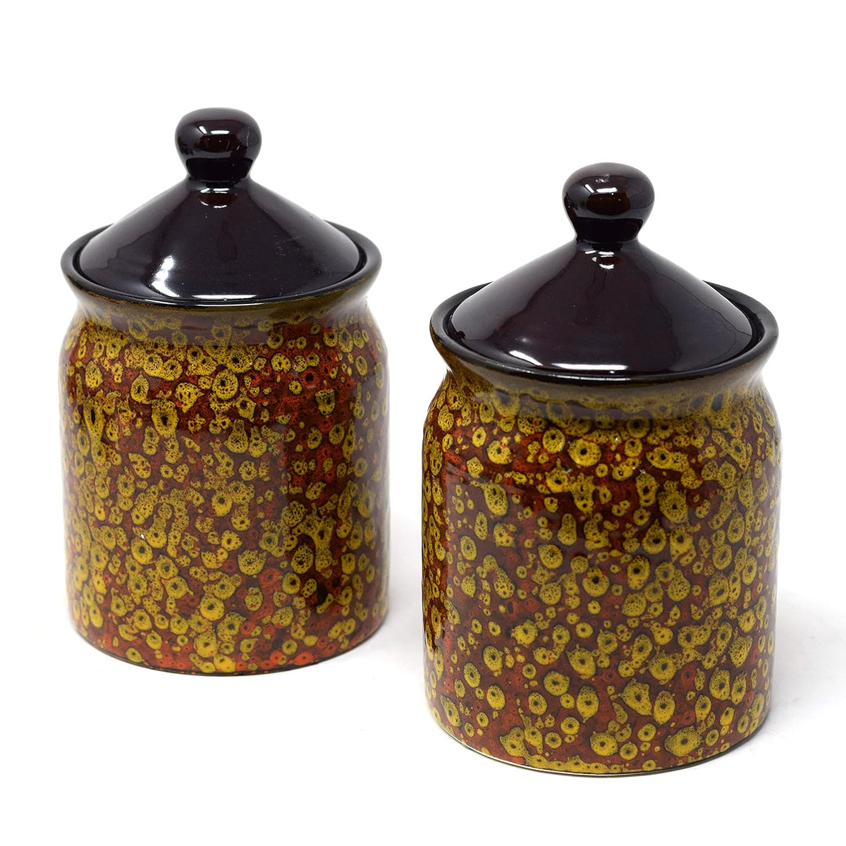 Marigold Abstract Ceramic Barni Set Of 2 - 500ml Each | Handcrafted Pickle Jar - Storage Container With Lid | 2 Pieces, Microwave Safe & Dishwasher Safe - Burni Set