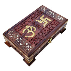 Wooden Om Box For Good Luck, Jewellery Box, Decorative Case, Kit, Vanity Organiser For Women, Necklaces, Cash, Gold 10 x 6 Passe Engraved, Colour - Brown