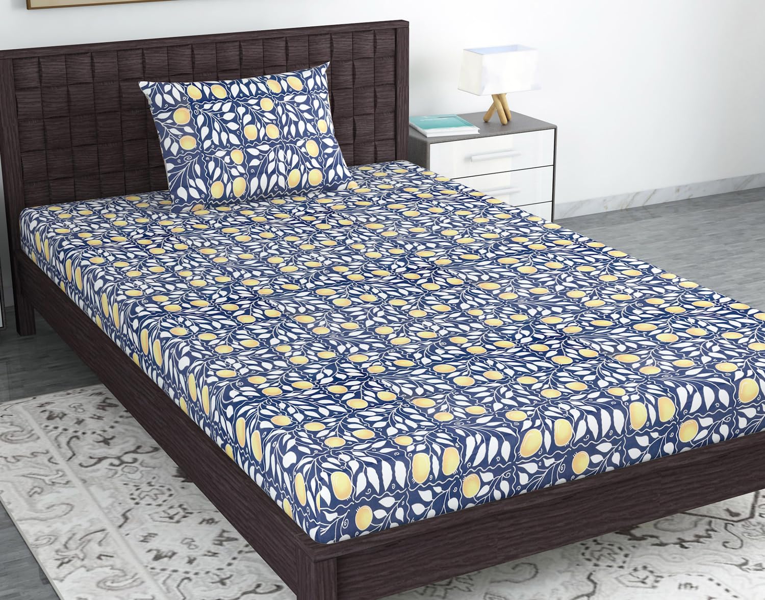 100% Cotton Single Bedsheet With 1 Matching Pillow Covers - 57 X 87 Inches, Navy & Orange | All Weather Comfort & Bedroom - Softness & Natural Breathability