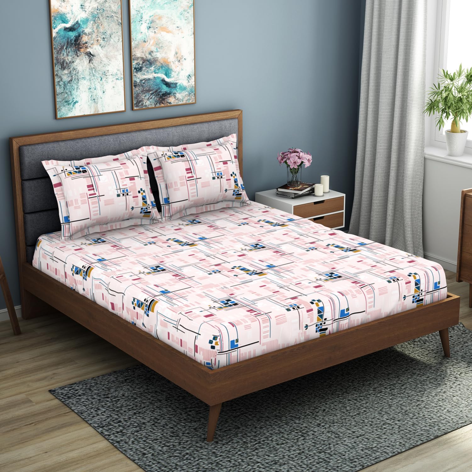 King Size 1 Double Bedsheet With 2 Pillow Covers - Size 108 X 108 Inches, Multicolor | Soft Feel Wrinkle Resistance | Durability & Comfort, Breathable