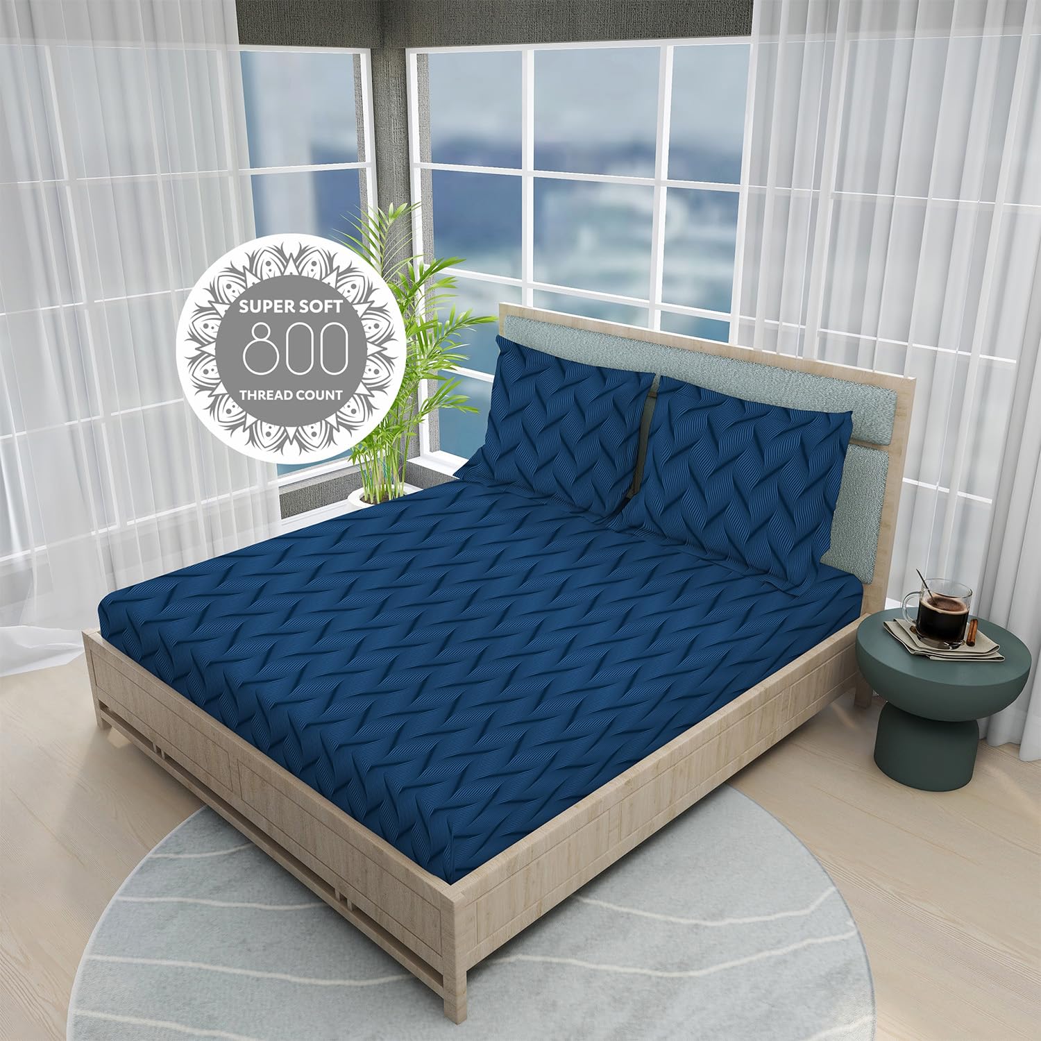 Cotton Blend Bedsheet King Size Set With 2 Pillow Covers - Size 107 X 101 Inches, Navy Blue | Light Weight & Breathable, Bedsheets Safe & Comfortable For Every Season