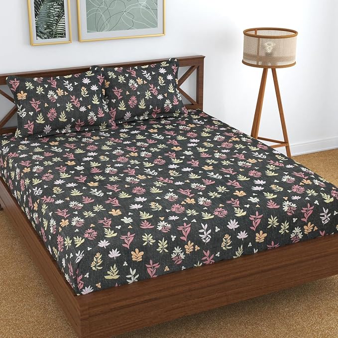 Microfiber Super King Size Bedsheet Floral Print With 2 Pillow Covers - Bedsheet Size 108 X 108 Inches, Green | King Size Bedsheet Perfectly