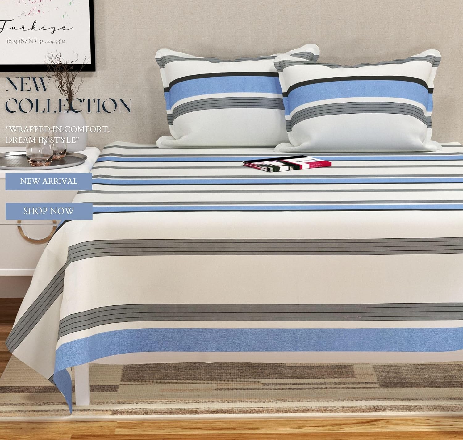 Super King Size Bedsheets With 2 Large Pillow Covers - 108 X 108 Inches, Grey & White | Luxury Soft Brushed Glace Cotton - Long Lasting & Wrinkle Free | 3 Pcs Set