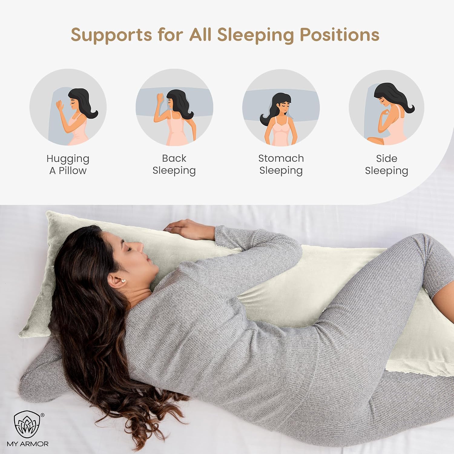Microfiber Body Side Pillow For Sleeping For Pregnancy, Cream - 53 X16 Inch | Long Cuddle Pillow For Hugging, Relaxing, Washable, Premium Velvet Outer Cover With Zip, Adjustable Pillow