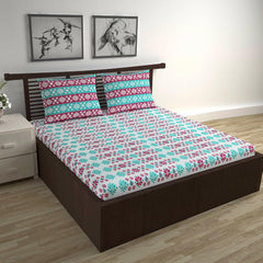 Cotton Double Bedsheet With 2 Pillow Covers | 87 X 100 Inches, Aqua & Red - Soft & Breathable Fabric | Comfortable For Daily Use