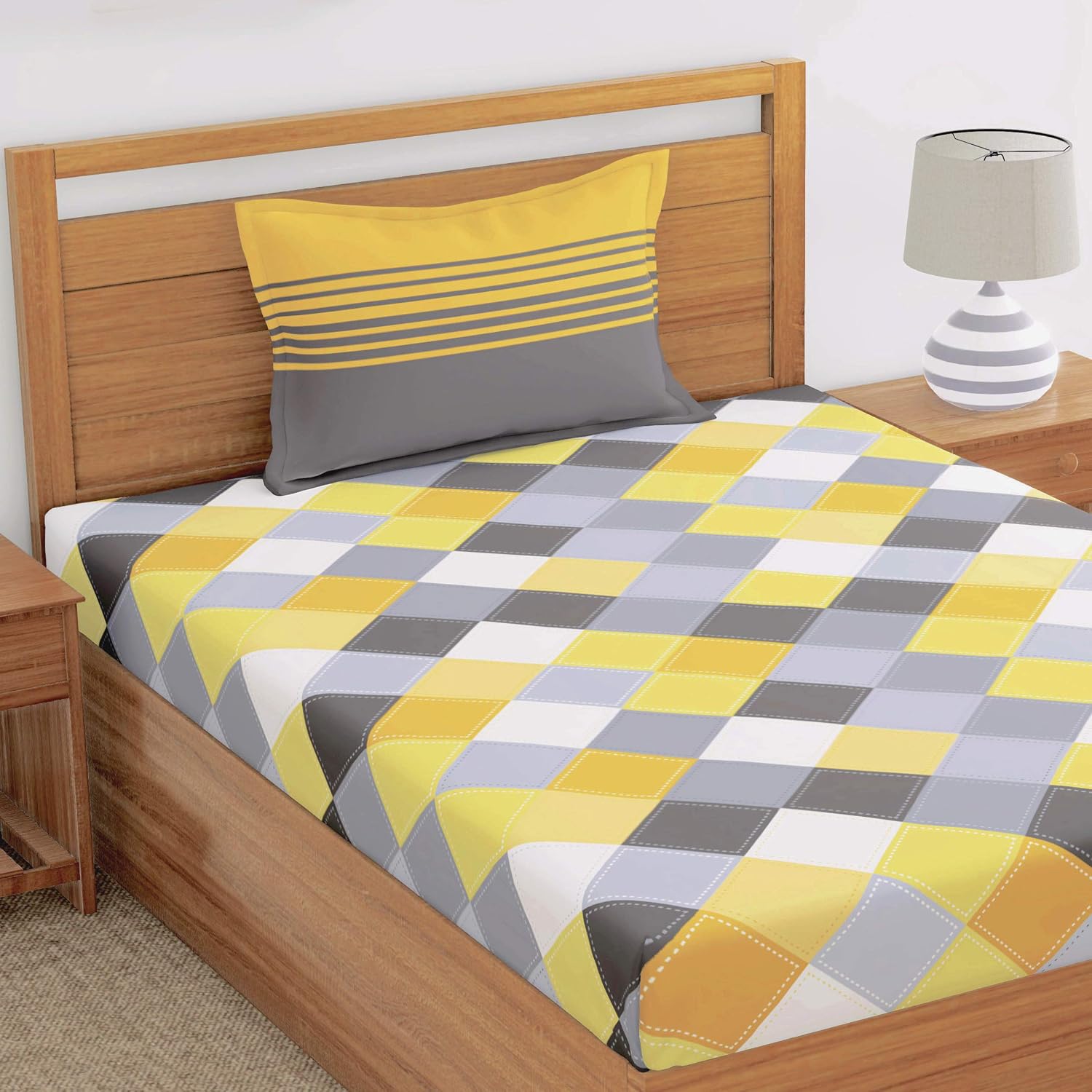 Cotton Elastic Fitted Bedsheet Single Bed With 1 Pillow Cover - 36 X 78 Inches, Yellow & Grey | Perfect For Everyday Use | Ultra-Soft & Breathable