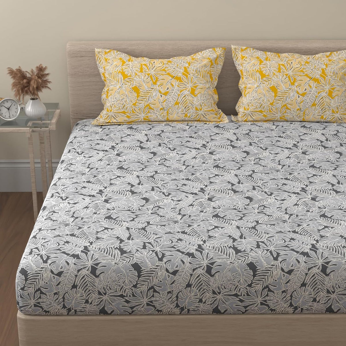 Bedsheet For Queen Size - 88 X 96 Inches, With 2 Pillow Covers, Grey & Yellow | Ideal For Daily Use & Gifting Bedsheet | Designer Printed Bedsheet Set