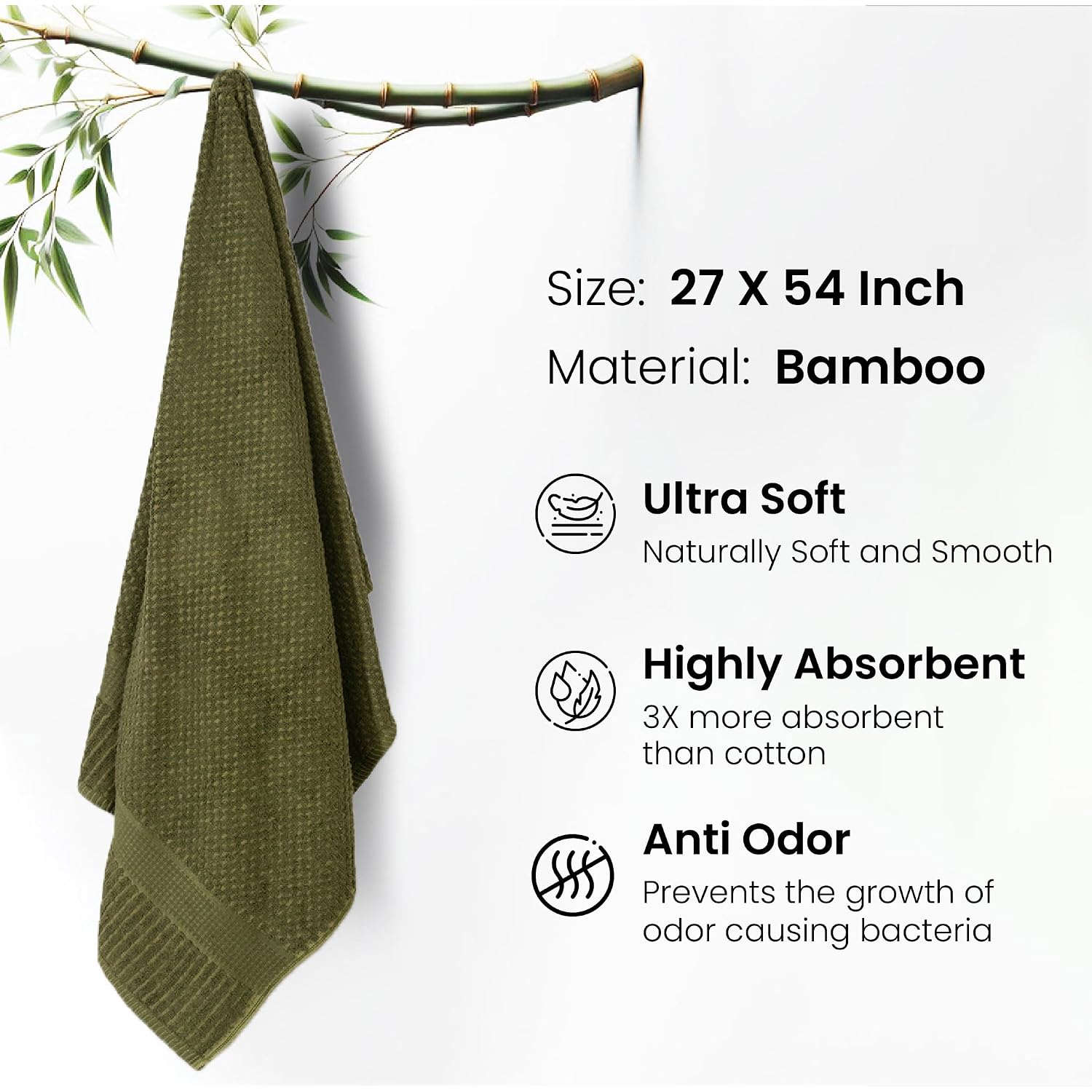 Mush Bamboo Bath Towel | Popcorn Weave 450 Gsm Large Towel For Men & Women | 3x Softer & Absorbent Than Cottton, Moss Green