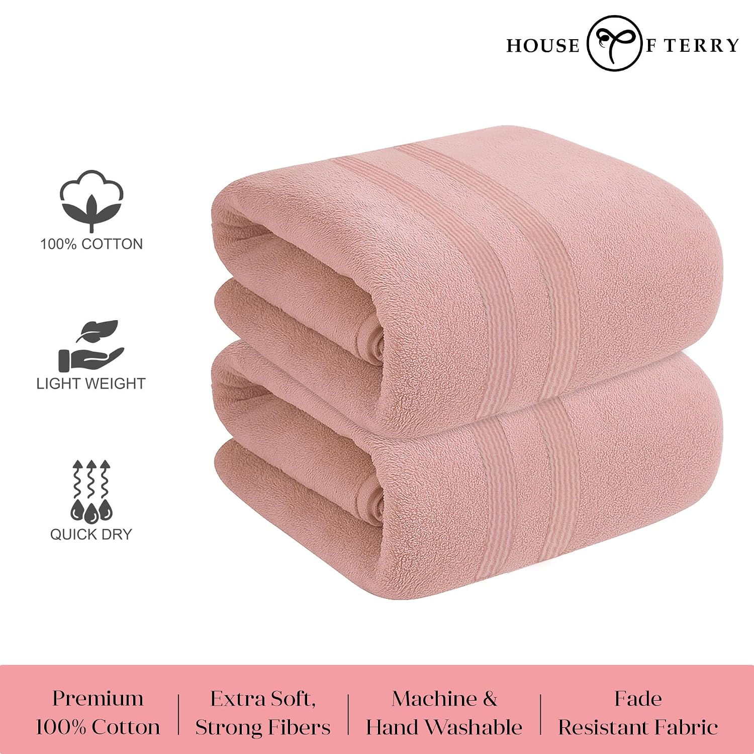 House Of Terry 100% Cotton Bath Towel 900 Gsm | Quick Dry, Fade-Resistant, Soft, Lightweight & Absorbent For Men & Women Large Size Towel (Baby Pink) - 2 Pcs