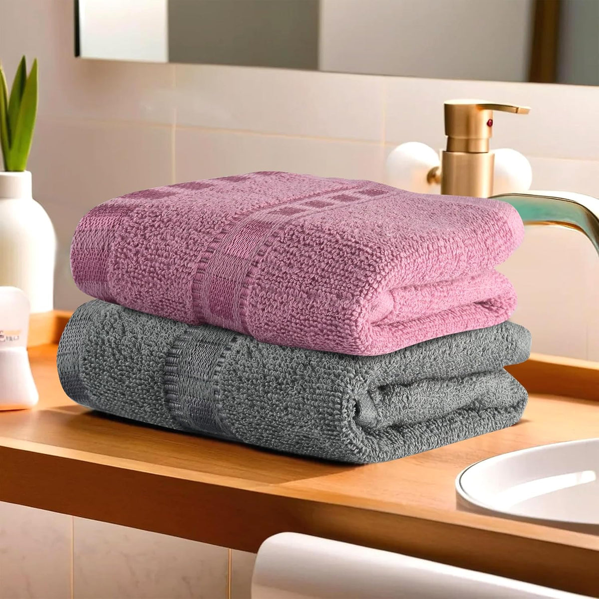 Urbane Home Cotton Hand/Face Towels 400 Gsm | Easily Washable Workout Gym Napkins For Men- Grey & Pink (Pack Of 2)