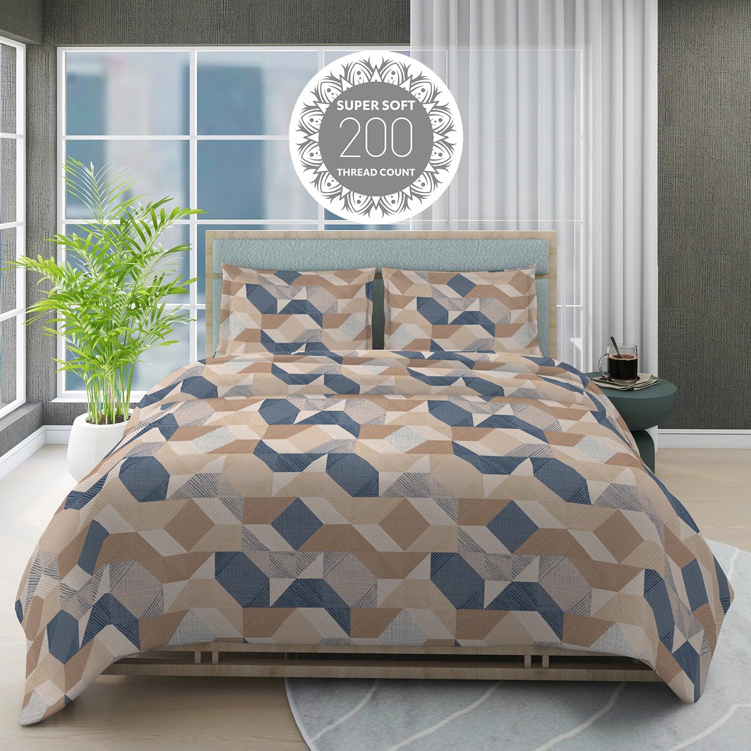 100% Cotton Bedsheet Set For Double Bed - 108 X 108 Inches, Brown & Blue | 1 Double Bed Sheet & 2 Pillow Covers - Gift For Weddings Or Birthdays King Size