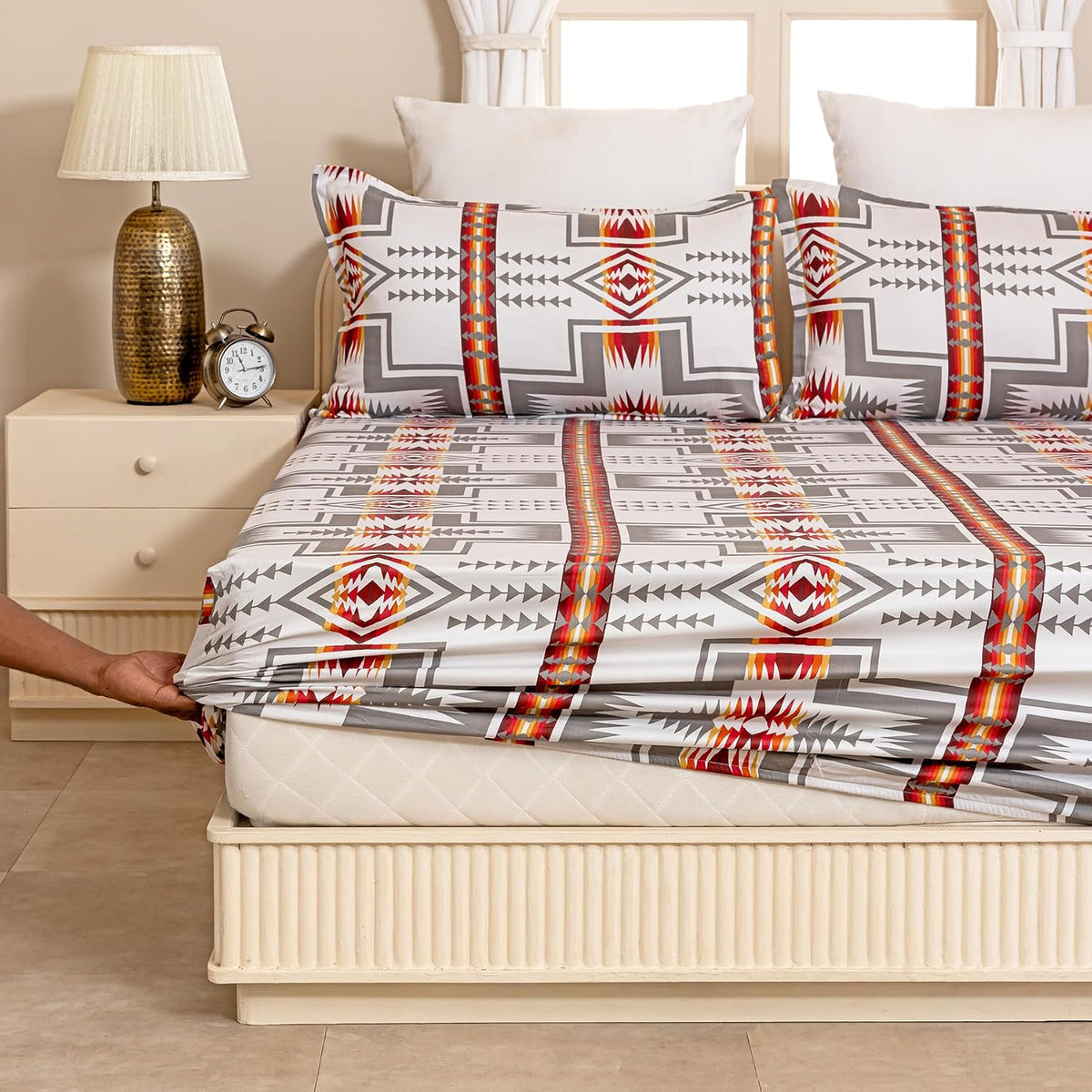 Double Size Elastic Fitted Bedsheet With 2 Pillow Covers - (72 X 72 Inches, Grey & Red) | Wrinkle Free Bed Sheets | Perfect For Home Decor & Gifting