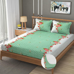 Premium Heavy Cotton Elastic Fitted King Size Bedsheet With 2 Pillow Covers - 72 X 78 X 10 Inches, Green & White | All Weather Comfort & Bedroom