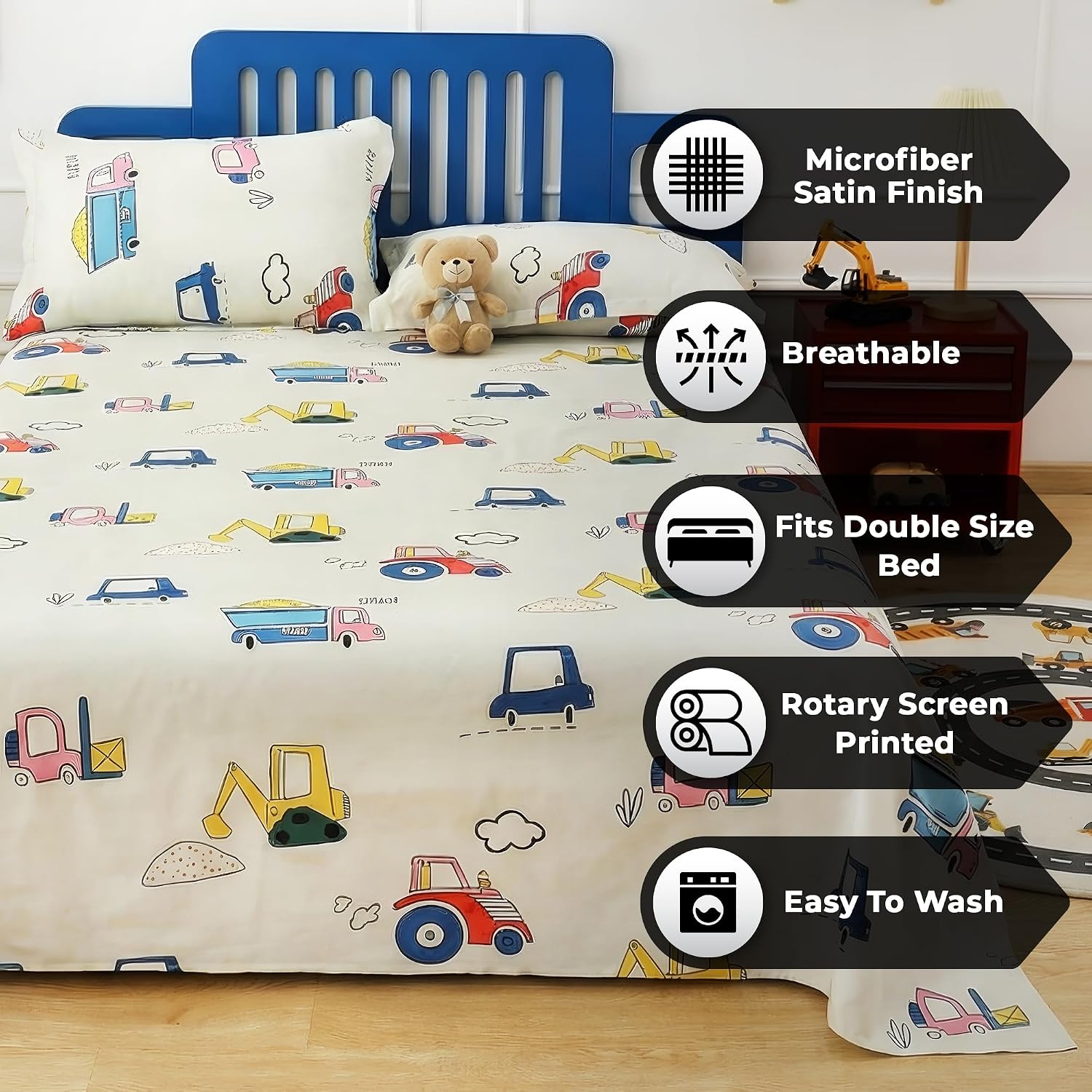Kids Double Bed Bedsheet Set With 2 Pillow Covers - 88 X 100 Inches, Cream & Blue | Soft Bedding For Boys & Girls | Cartoon Design
