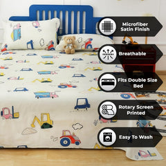 Kids Double Bed Bedsheet Set With 2 Pillow Covers - 88 X 100 Inches, Cream & Blue | Soft Bedding For Boys & Girls | Cartoon Design