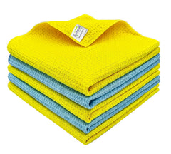 Softspun Microfiber Waffle Weave Cloths Towel 350 Gsm | Multipurpose Highly Absorbent Lintstreak Free Wash Cloth (5 Piece) -Yellow & Sky Blue