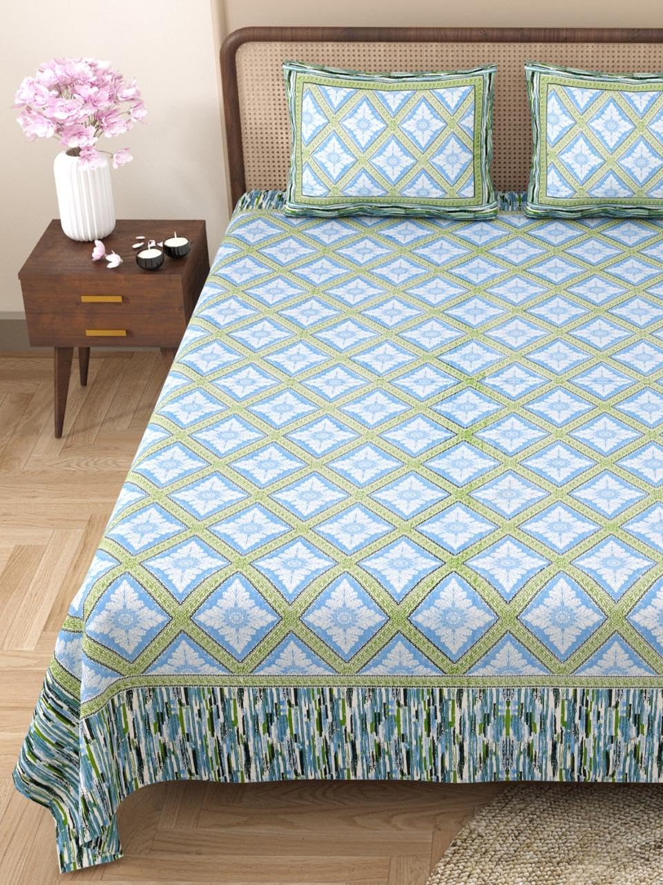 King Size Bedsheet With 2 Pillow Cover - 90 X 108 Inches, Green & Blue | Light Weight & Easy To Wash At Home | Resistant For An All-Season Use