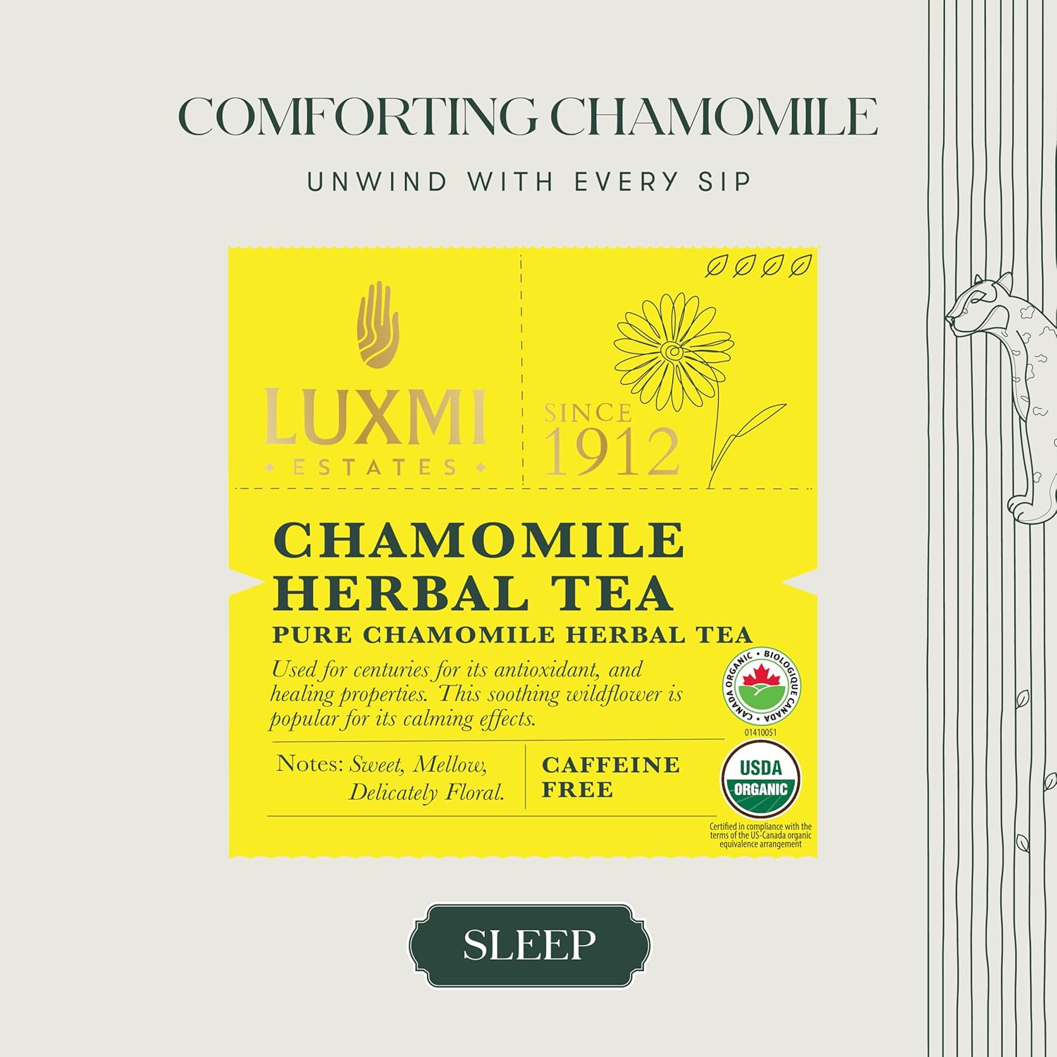 Luxmi Estates Chamomile Herbal Tea - 25gm, 0.8 Ounce | Stress Relief Bedtime Tea For Restful & Peaceful Sleep - USDA Organic Certified, Caffeine-Free Herbal Tea