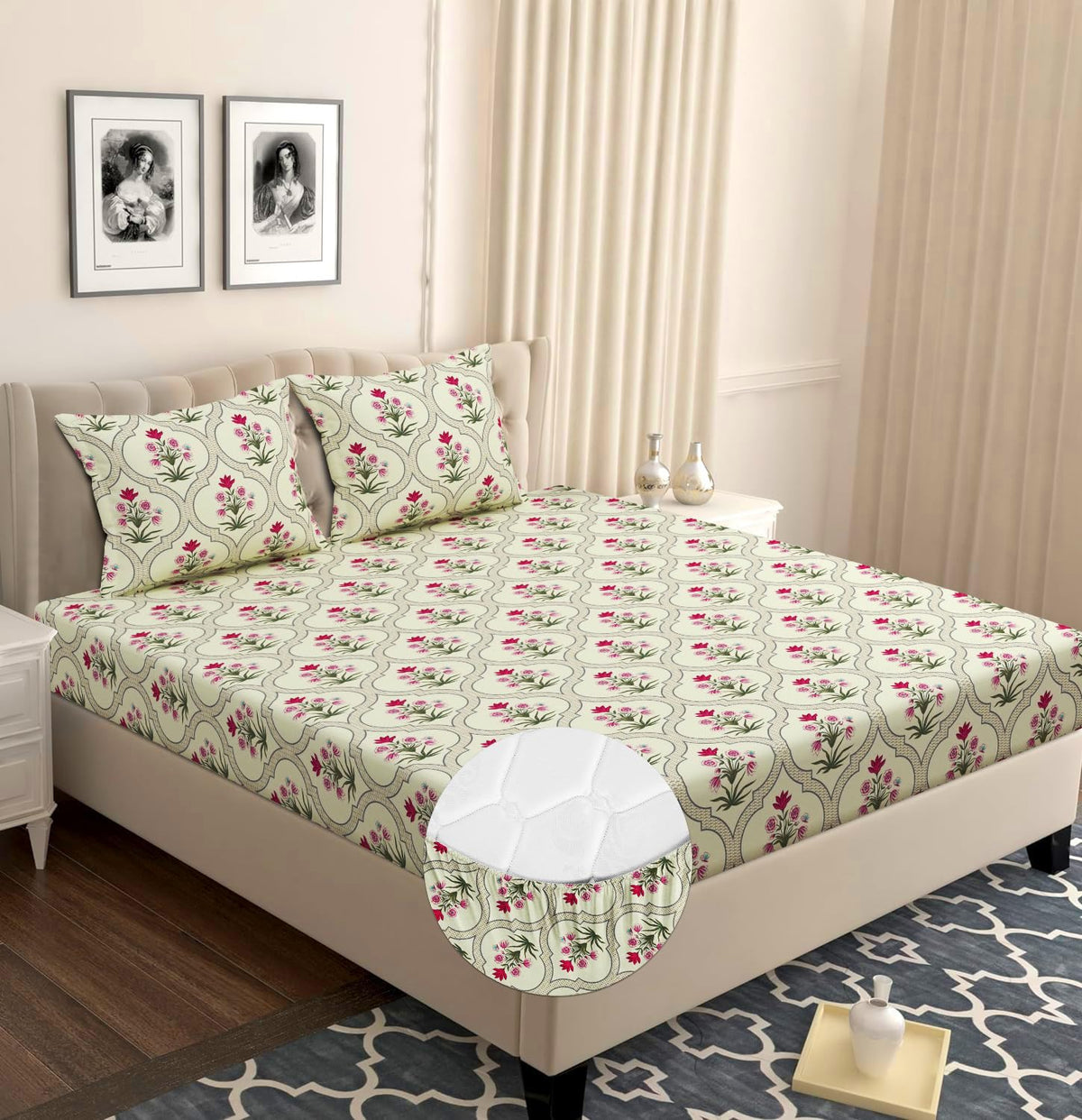 Cotton Elastic Fitted Bedsheets With 2 King Size Pillow Covers | 72 X 78 Inches, Almond & Pink - Double Bed Wrinkle Free With All Around Elastic 220 TC Super Soft