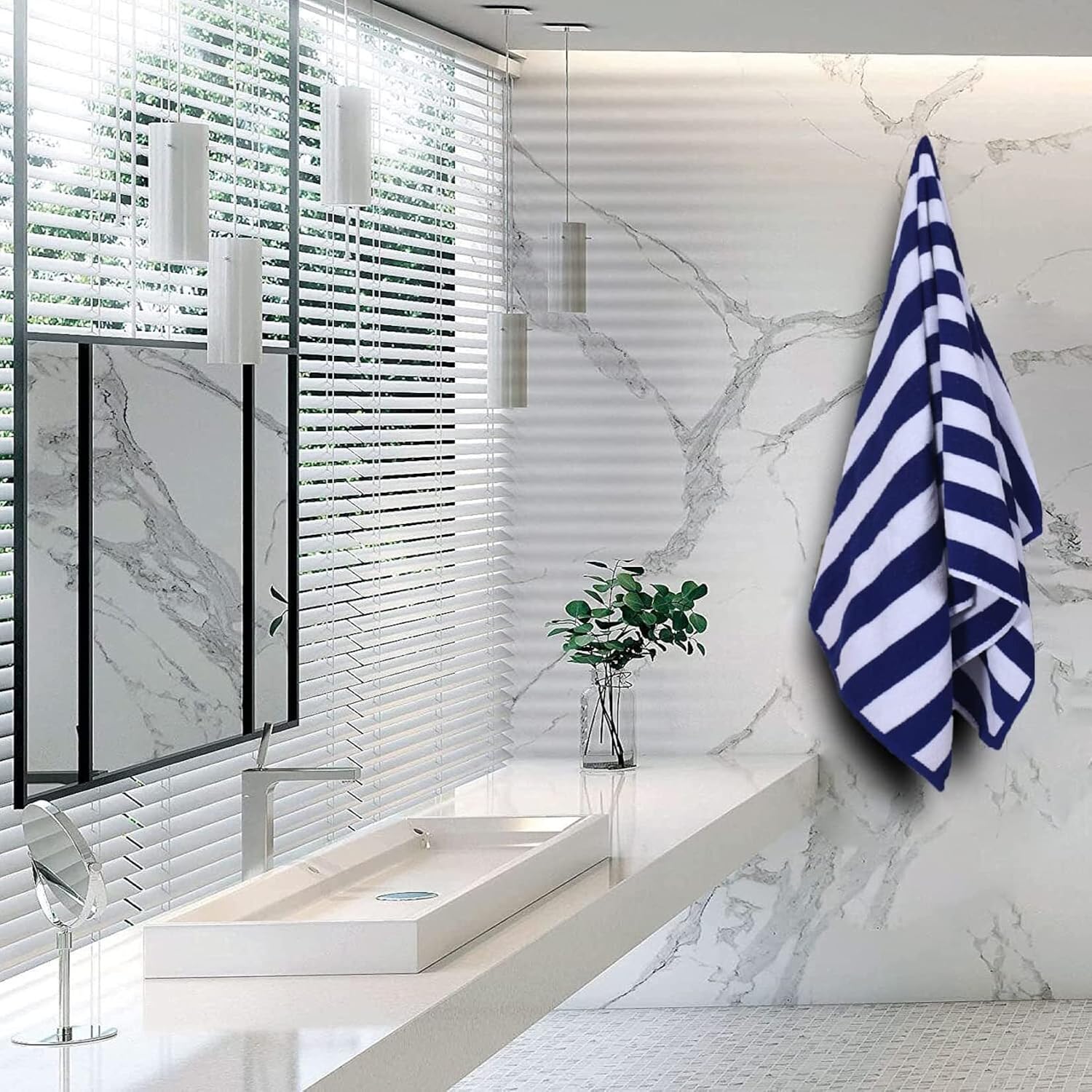 Home + Studio 100% Cotton Bath Towel 650 Gsm | Hotel Pool, Beach, Gym Towel Extra Large Size Bath Towel - Blue & White Stripes