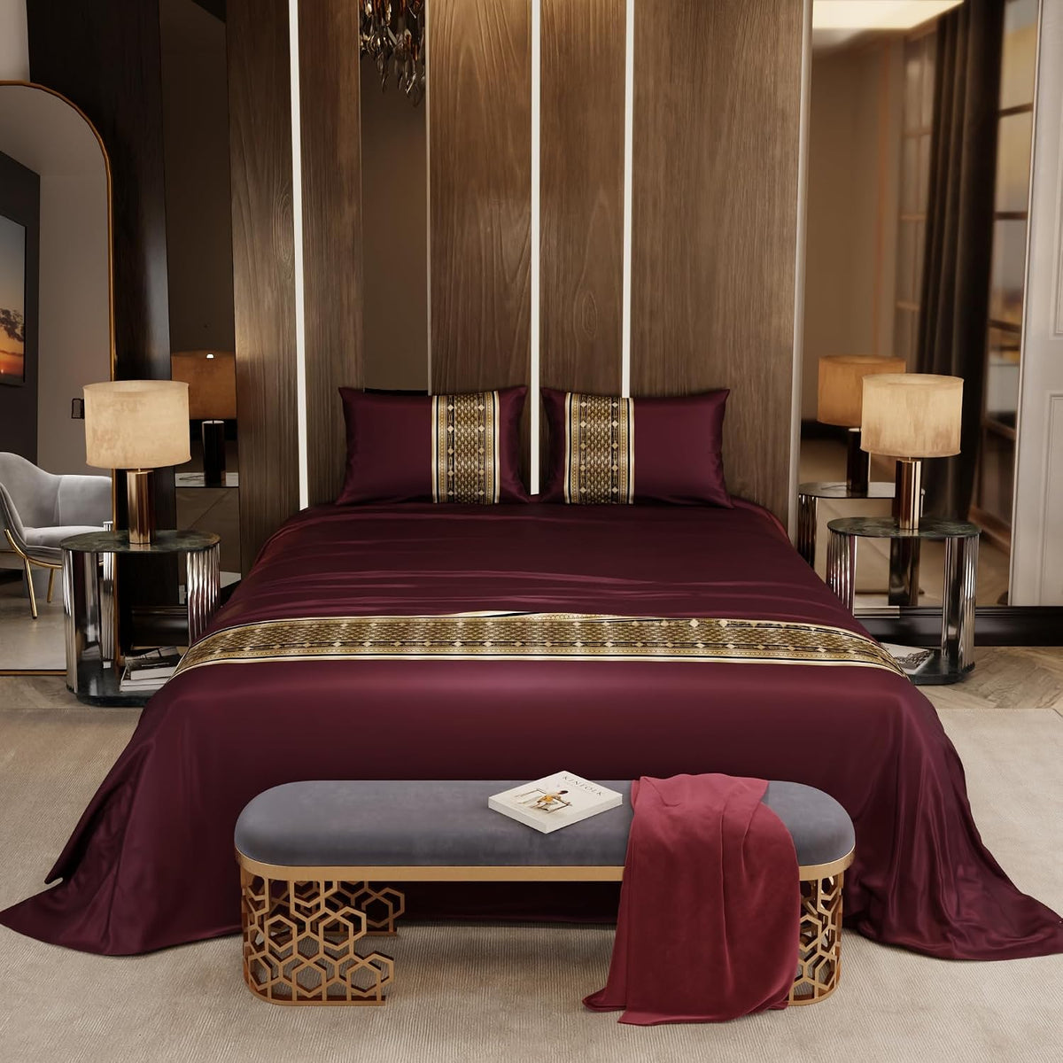 Bedsheet For Super King Size Bed With 2 Matching Pillow Cover - 108 X 108 Inches, Royal Wine | Ideal For Healthy Skin & Hair | 100% Premium Fabric Is Lightweight, Soft & Comfortable