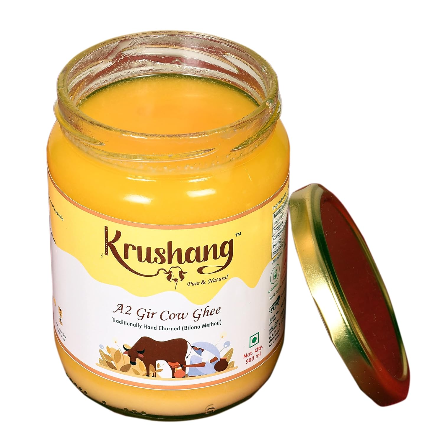 Natural A2 Gir Cow Bilona Ghee By Krushang | Traditionally Hand Churned Bilona Method Healthy Pure Desi Ghee Helps In Bones Health | (500ml) 16.9 Ounce | Jar Pack