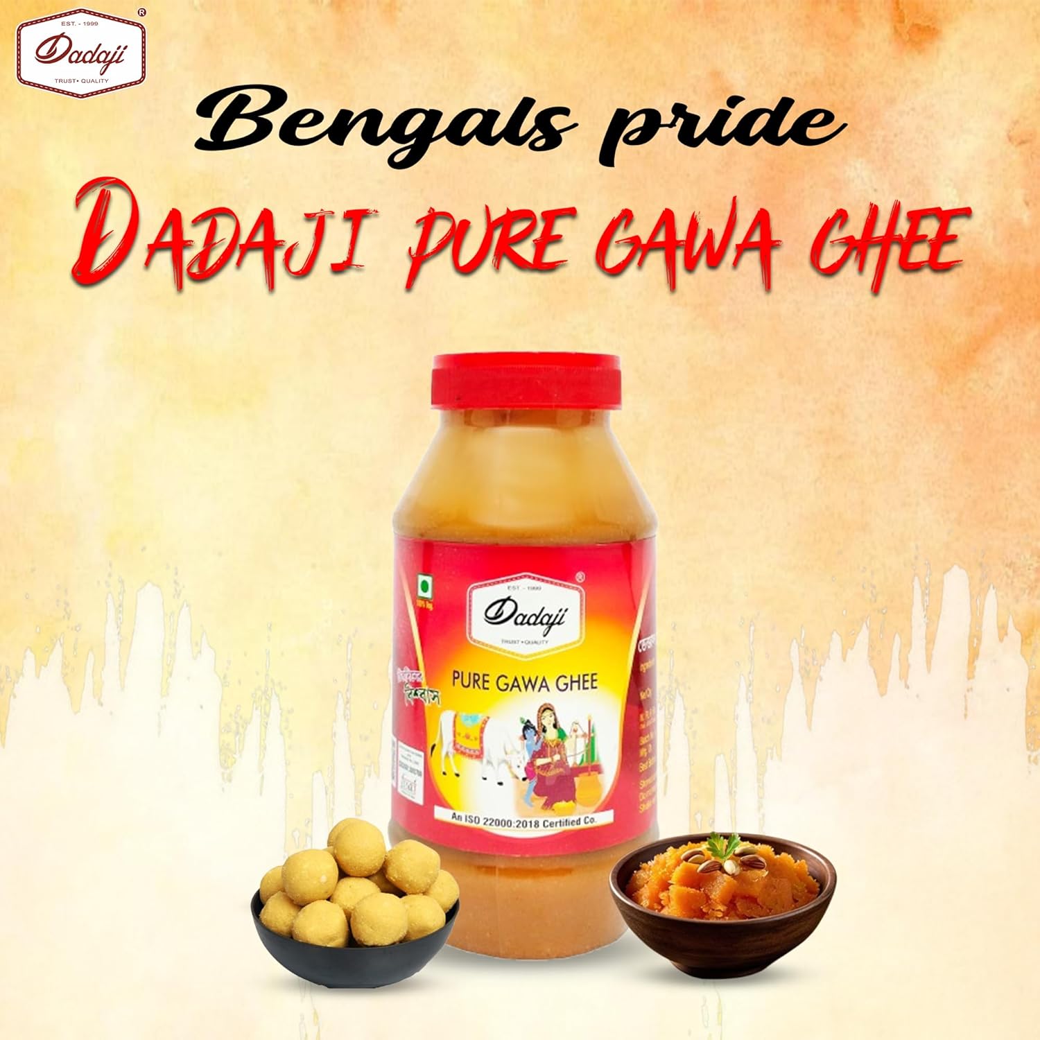 Organic Pure Gawa Ghee By Dadaji | High In Vitamins A, D & Healthy Desi Cow Ghee Perfect For Overall Health | (500ml) 16.9 Ounce | Plastic Bottle