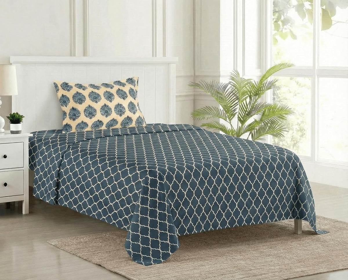 Cotton Printed Single Flat Bedsheet With 1 Pillow Cover - 60 X 100 Inches, Cream & Deep Sea Blue | Breathable & Skin Friendly Bedsheet | Ideal For Year Round Use
