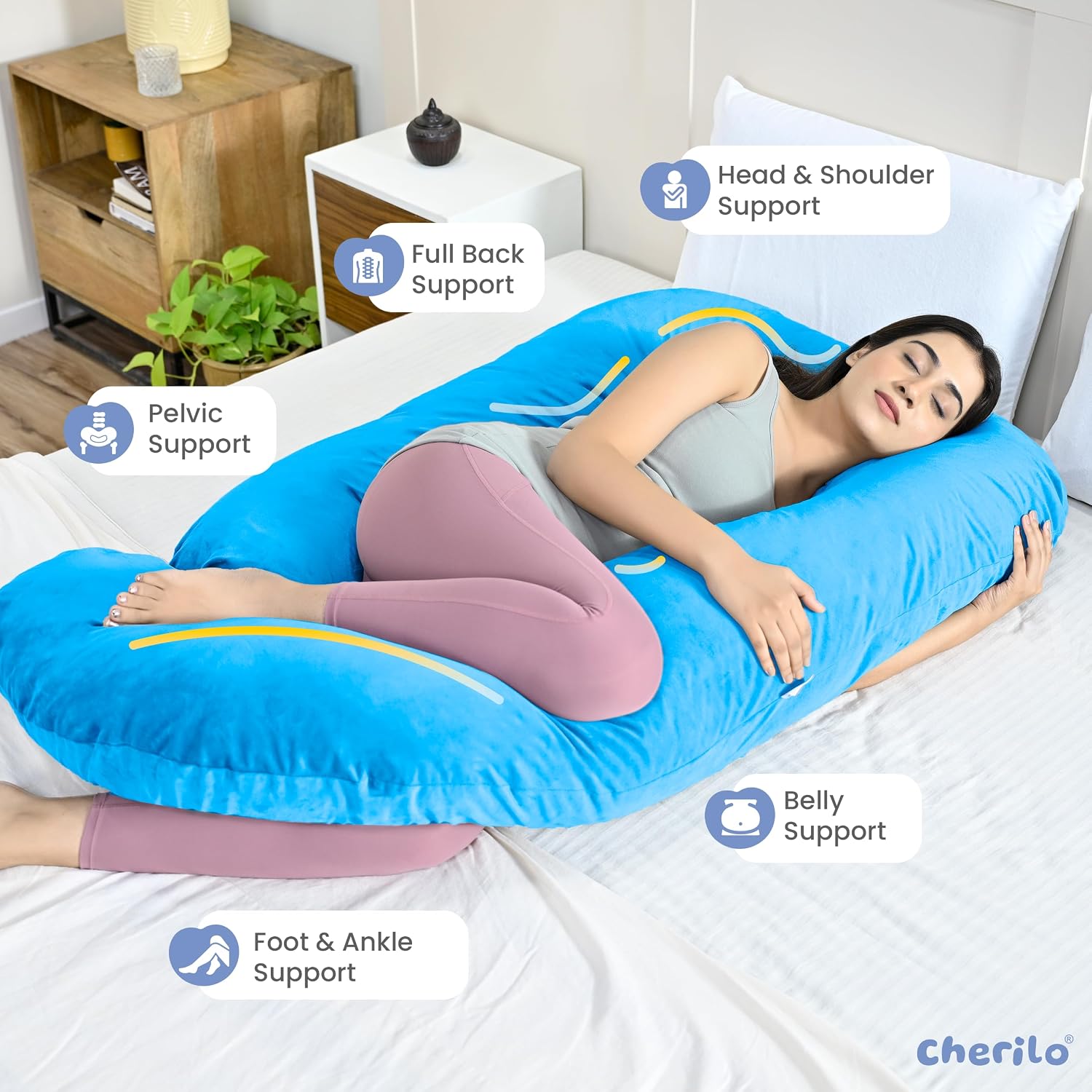 Full Body G Shape Pregnancy Pillow, For Pregnant Women & Nursing Mom, Sky Blue | Single Pillow For Multipurpose Use During Maternity | Premium Velvet Outer Cover With Zip, Adjustable