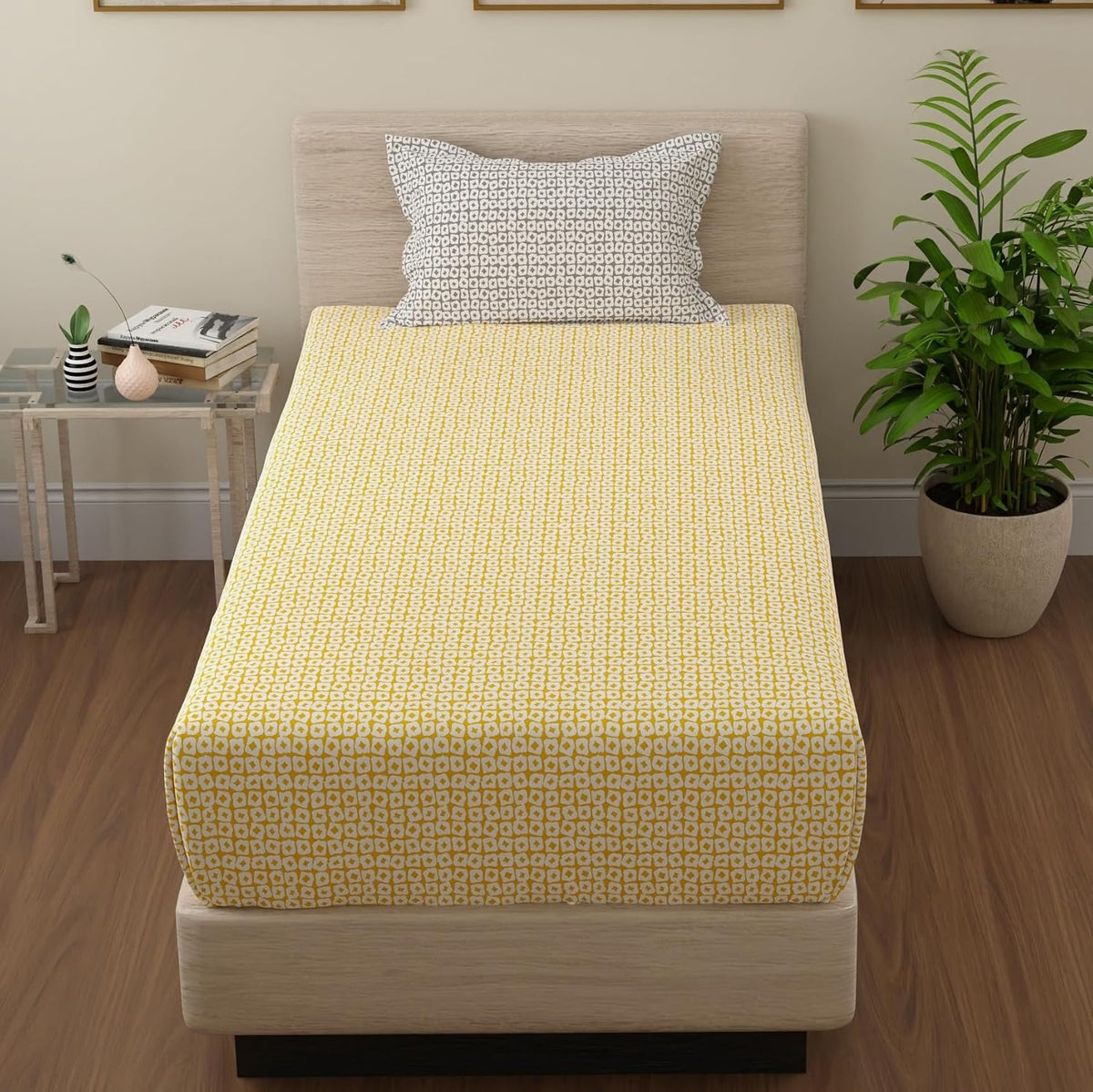Single Bedsheet Elastic Fitted Cotton With 1 Pillow Cover | 36 X 78 Inches, Yellow & Grey | Breathable & Light Weight, All Season Comfort-Ideal For Daily Use