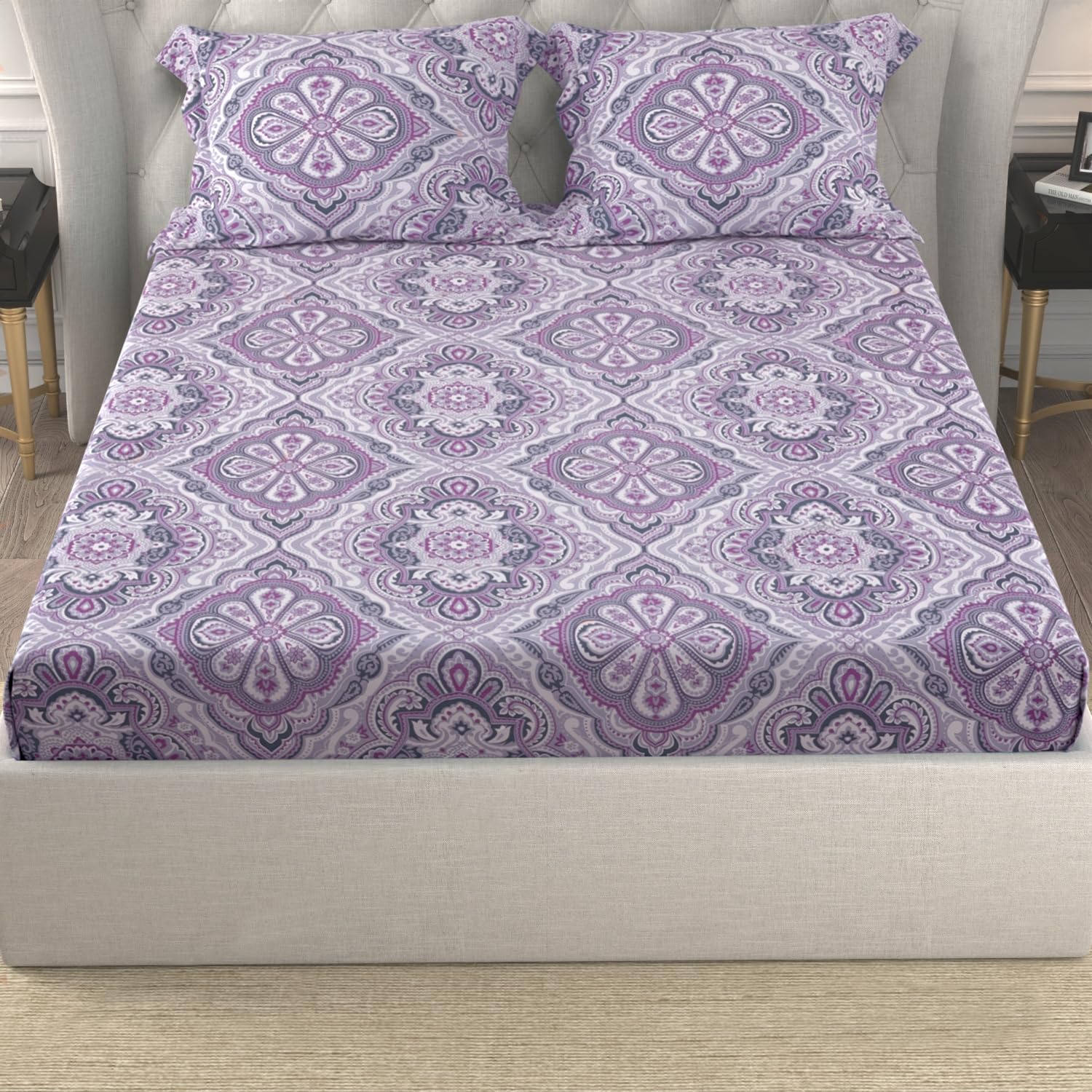 Cotton Bedsheet King Size Bed With 2 Pillow Covers - 100 X 108 Inches, Mauve | 150 Thread Count Floral Bedsheet For Double Bed - Breathable & Lightweight