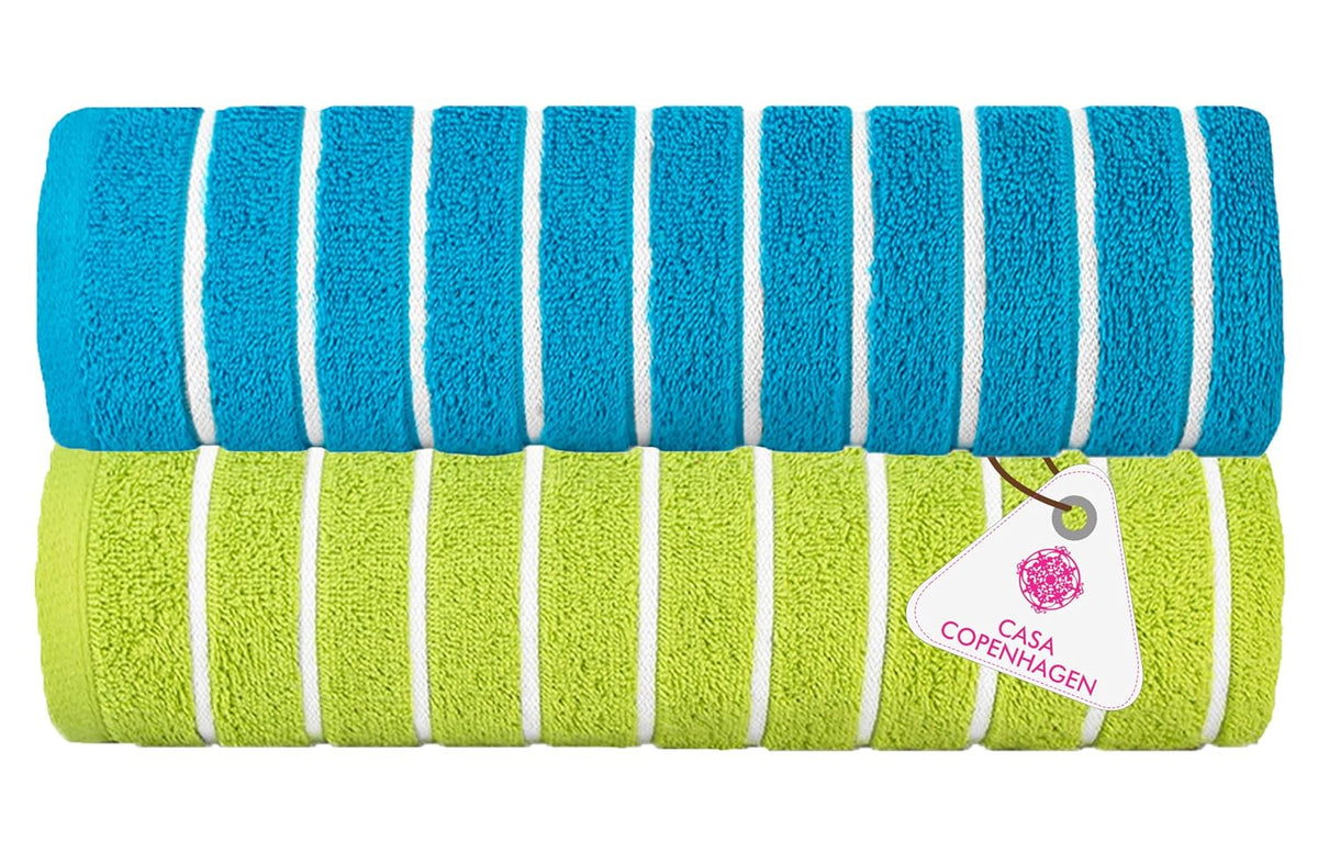 Casa Copenhagen Designed In Denmark Estatic Super Soft 2 Pieces 100% Cotton Large Bath Towel - Teal Blue & Lime Green